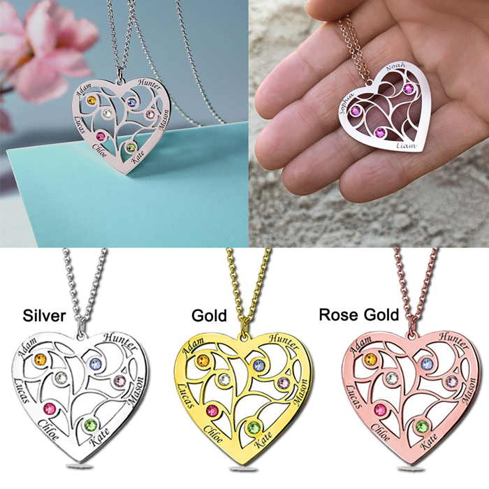 Personalized Heart Family Tree Necklace with Birthstones