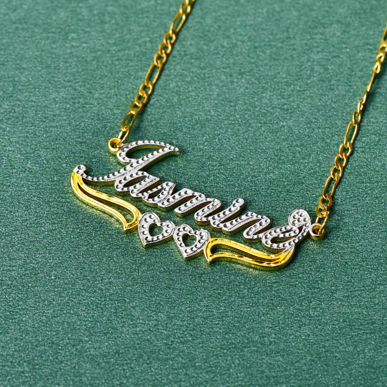 Personalized Two Tone Name Necklace with Double Heart