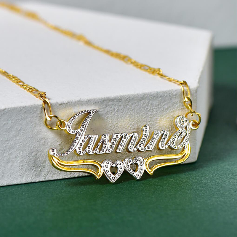 Personalized Two Tone Name Necklace with Double Heart